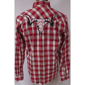 Cowboy Hardware Mens Medium Red Plaid Embroidered Steer Skull Pearl Snap Shirt